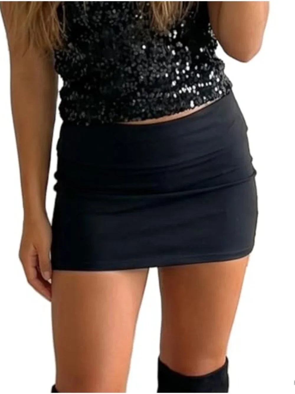 Y2K Foldover Mini Skirt Women Low Rise Stretch Bodycon Micro Skirt Streetwear